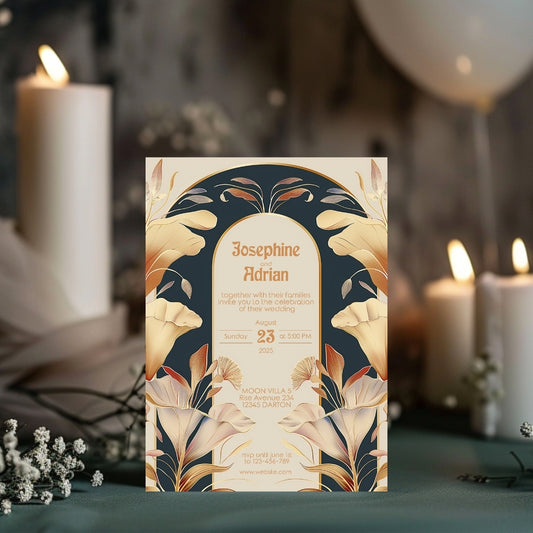 Beige Vintage Mushroom Rustic Art Deco Wedding Invitation