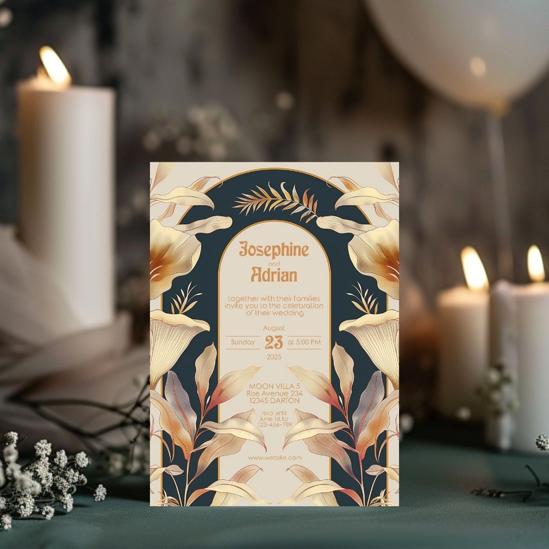 Elegant Beige Dark Art Deco Wedding Invitation