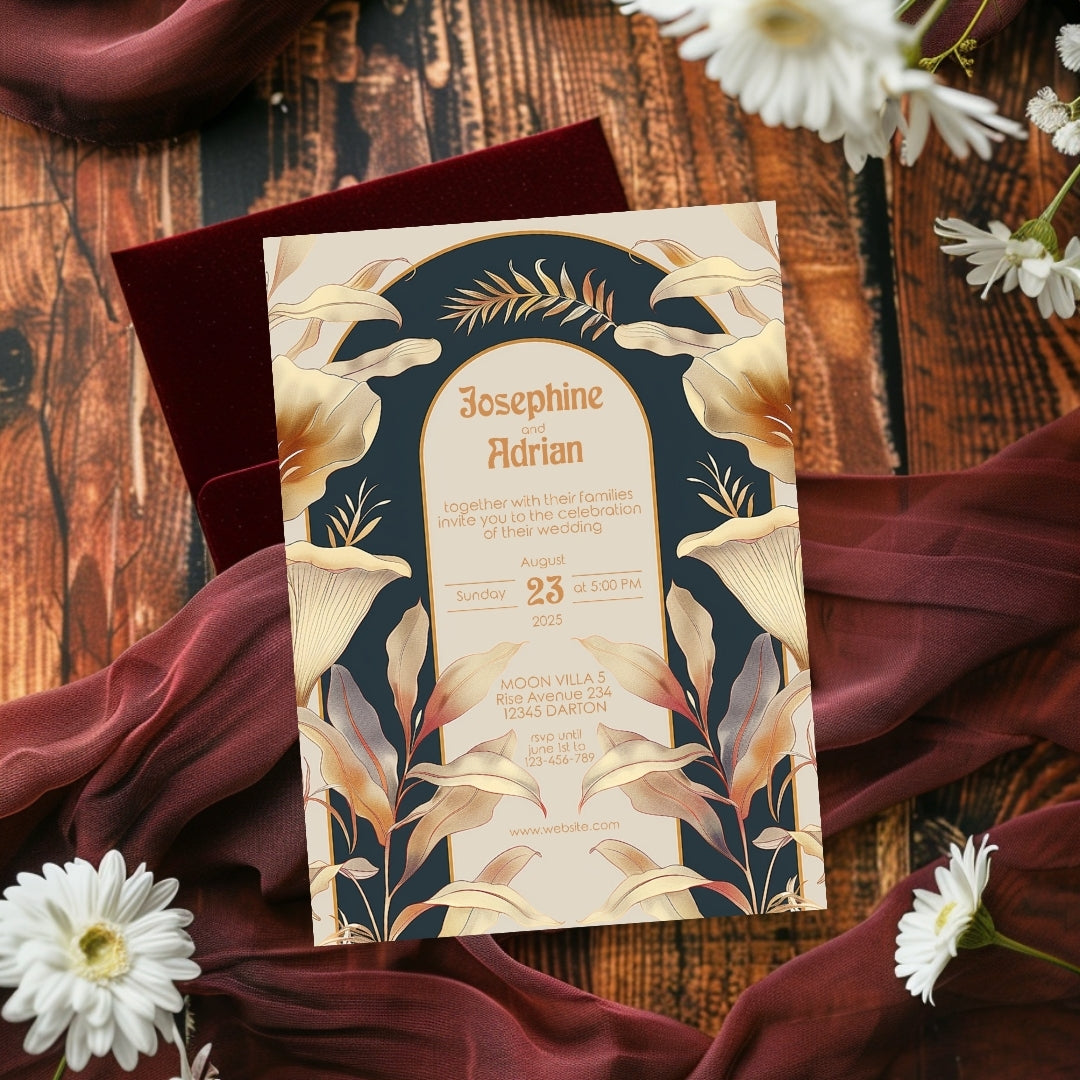 Elegant Beige Dark Art Deco Wedding Invitation