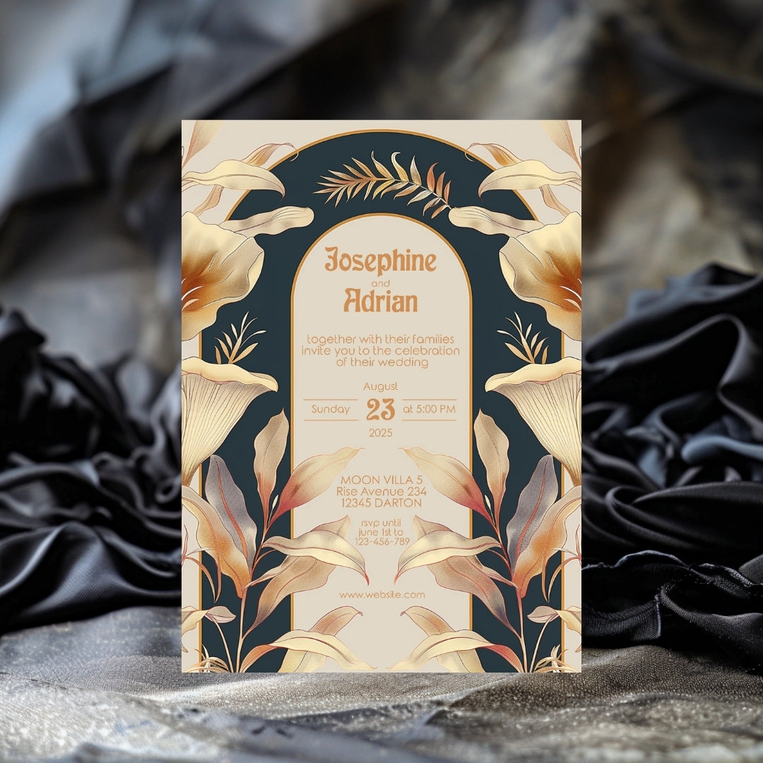 Elegant Beige Dark Art Deco Wedding Invitation