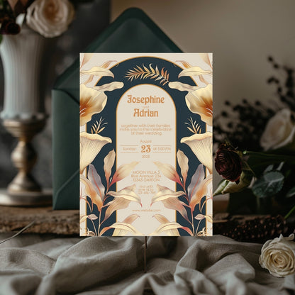 Elegant Beige Dark Art Deco Wedding Invitation