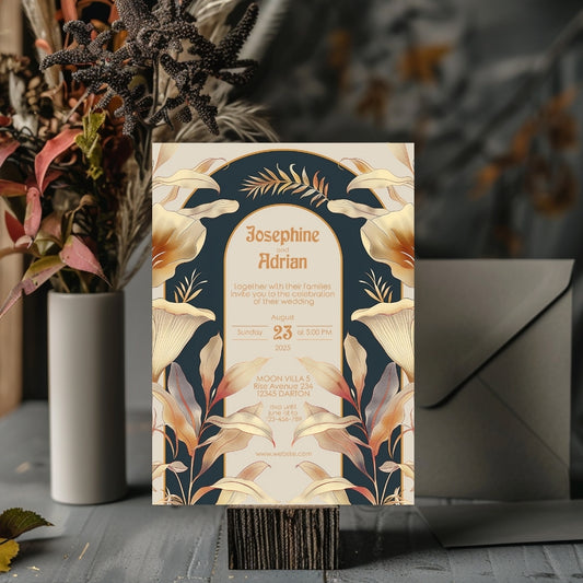 Elegant Beige Dark Art Deco Wedding Invitation