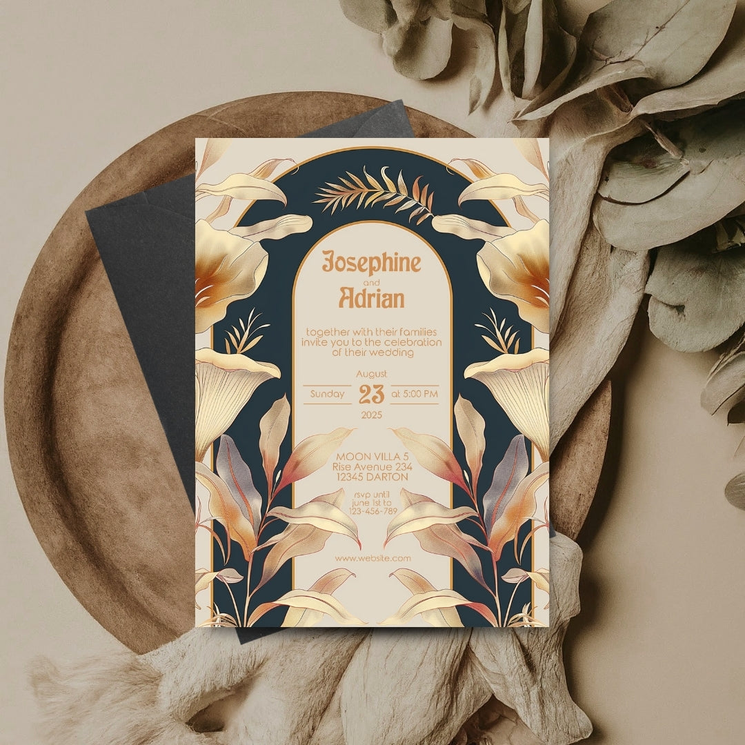 Elegant Beige Dark Art Deco Wedding Invitation