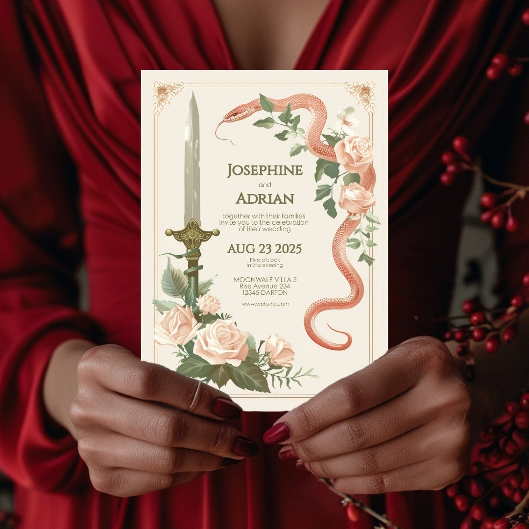 Vintage Serpent Floral Sword Wedding Invitation