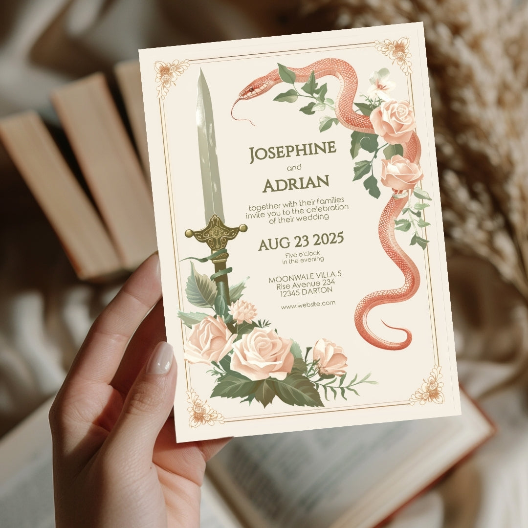 Vintage Serpent Floral Sword Wedding Invitation