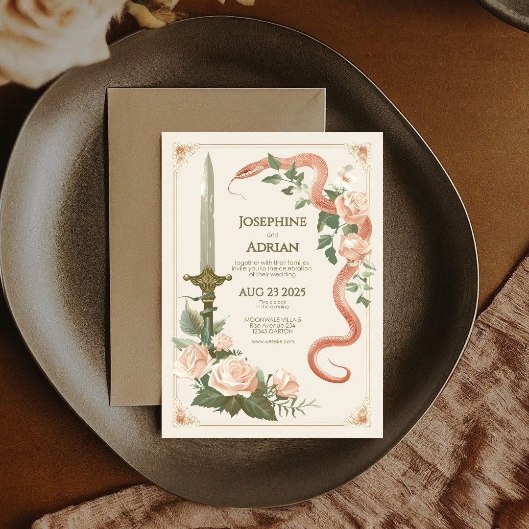 Vintage Serpent Floral Sword Wedding Invitation