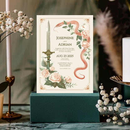 Vintage Serpent Floral Sword Wedding Invitation