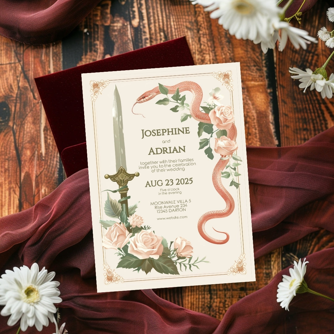 Vintage Serpent Floral Sword Wedding Invitation