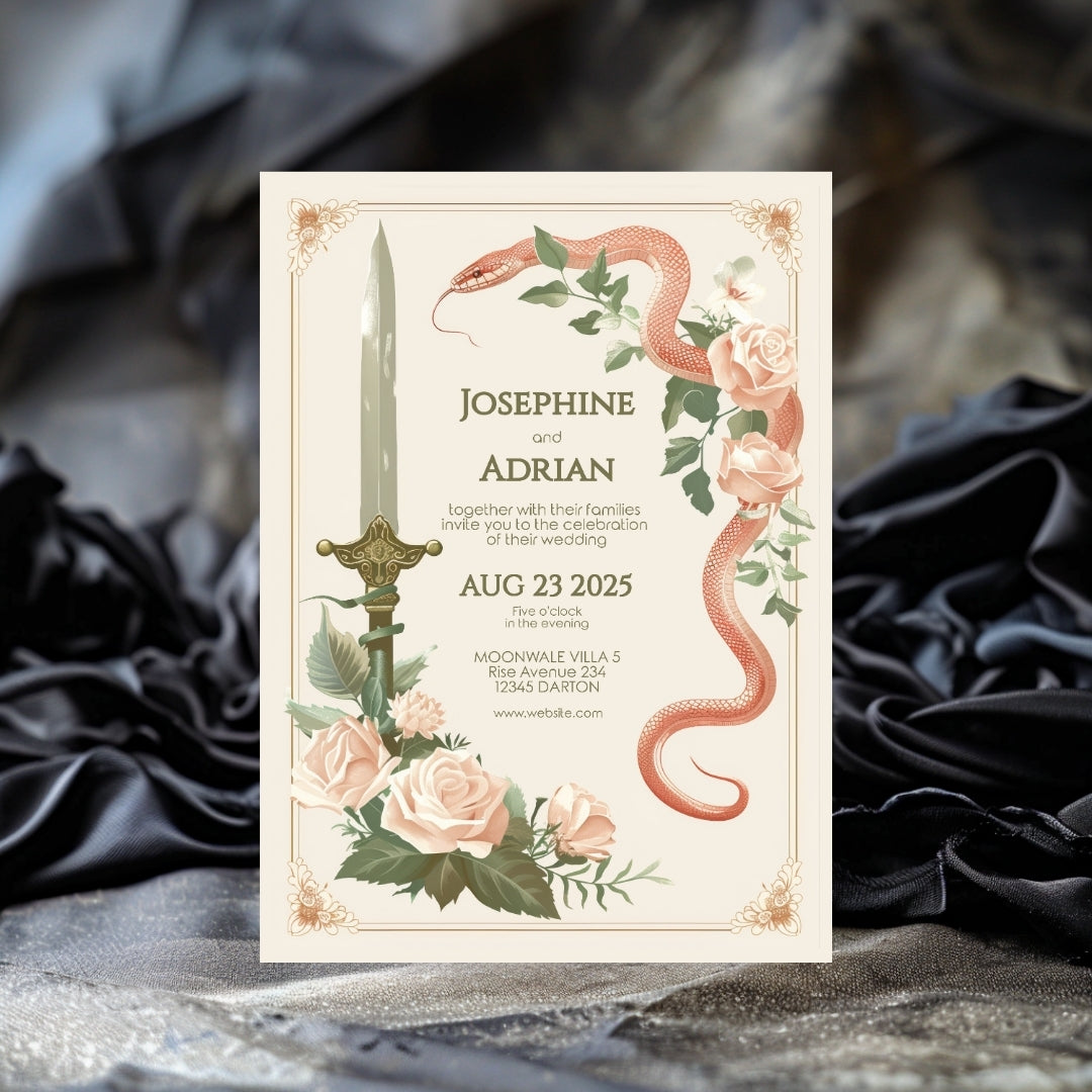 Vintage Serpent Floral Sword Wedding Invitation