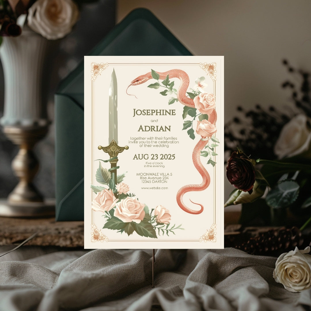 Vintage Serpent Floral Sword Wedding Invitation