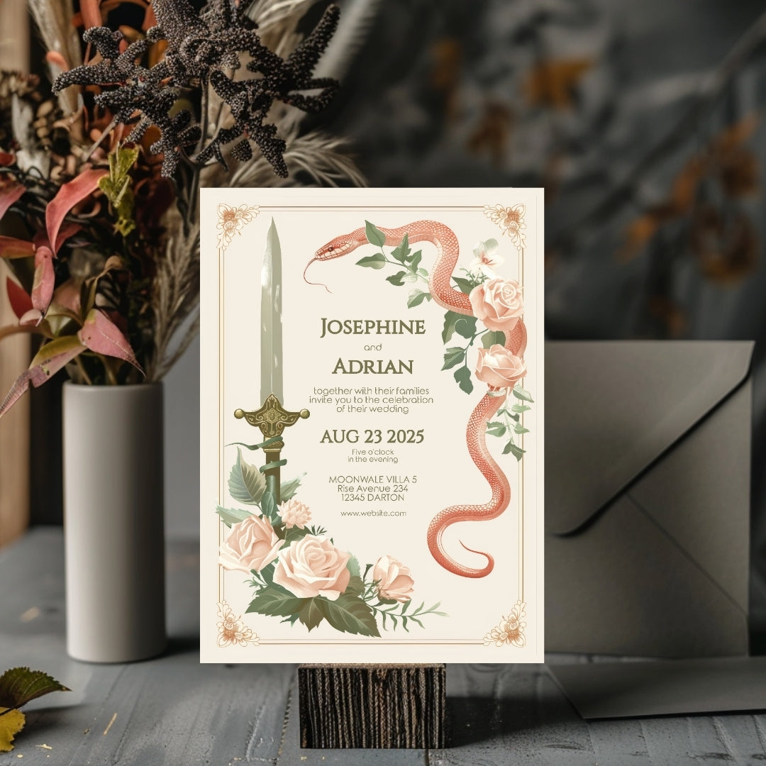 Vintage Serpent Floral Sword Wedding Invitation