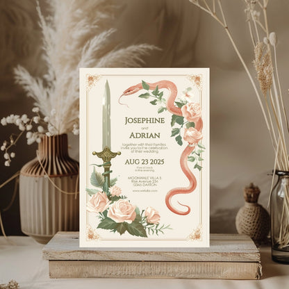 Vintage Serpent Floral Sword Wedding Invitation