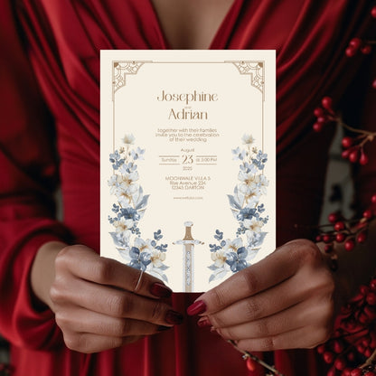 Blue Floral Sword Wedding Invitation