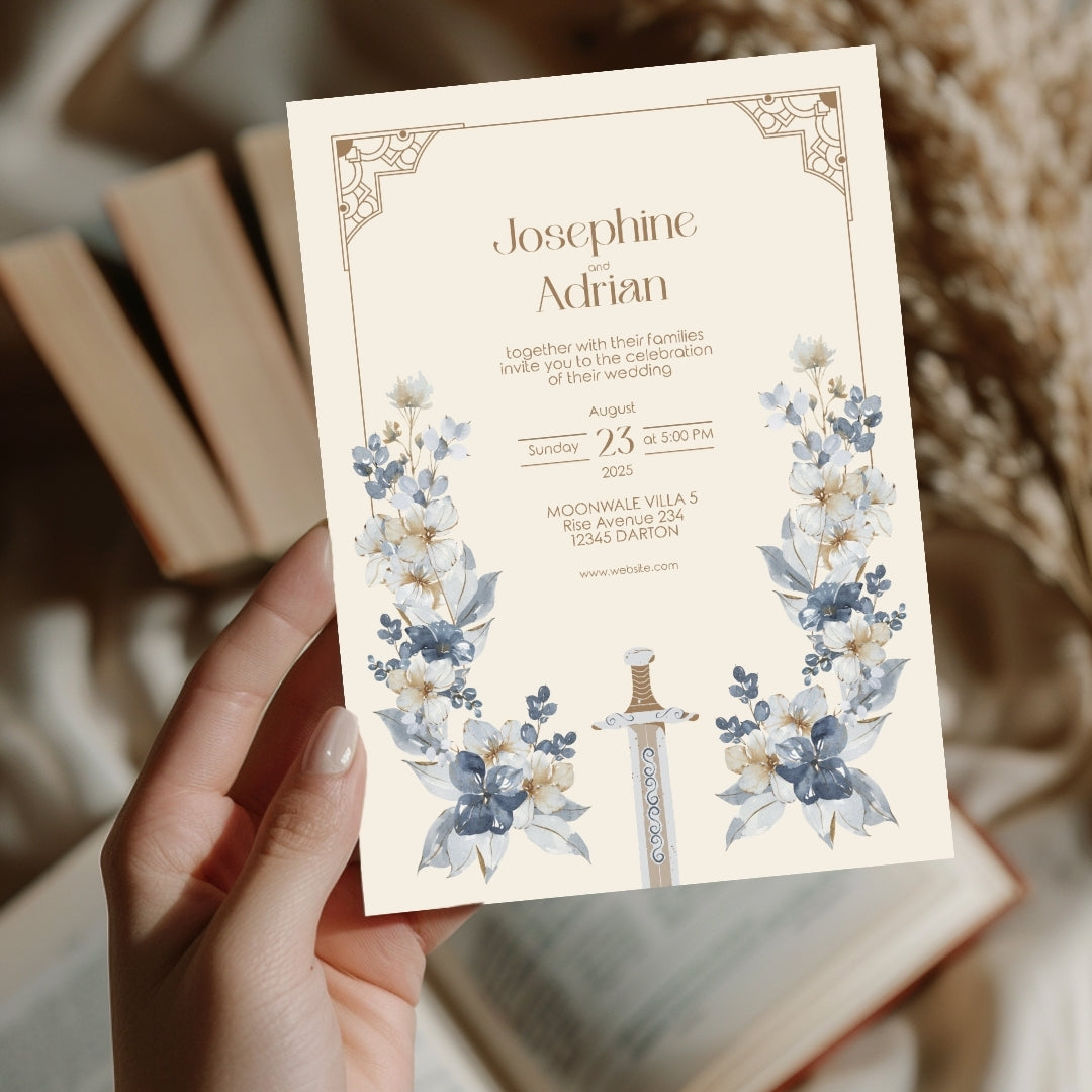 Blue Floral Sword Wedding Invitation