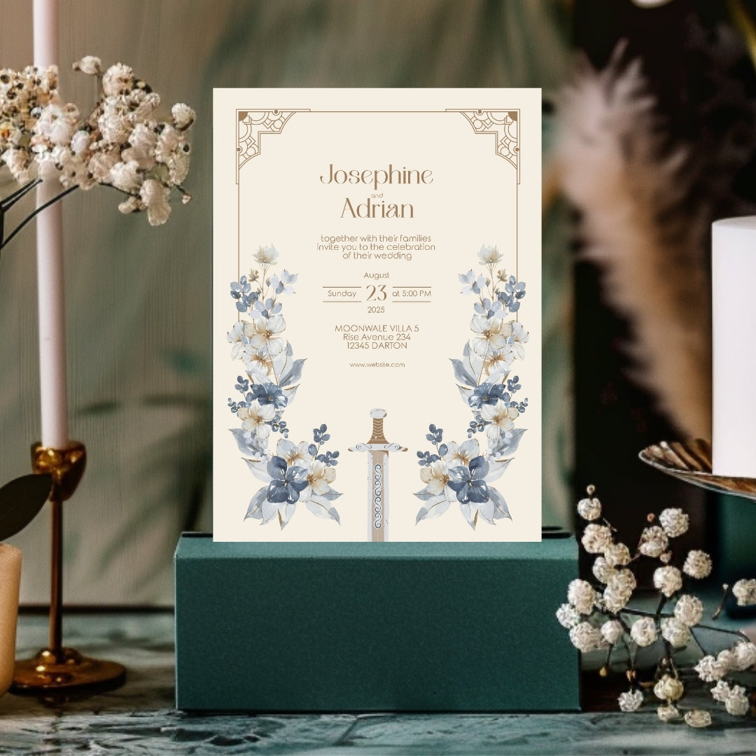 Blue Floral Sword Wedding Invitation