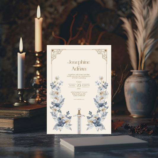 Blue Floral Sword Wedding Invitation