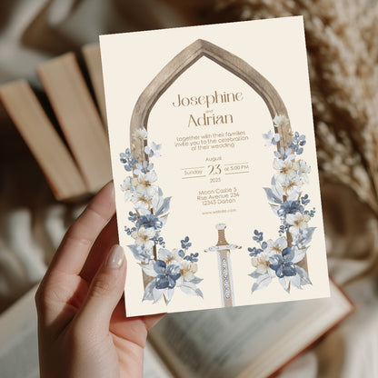 Blue Floral Sword Wooden Arch Wedding Invitation