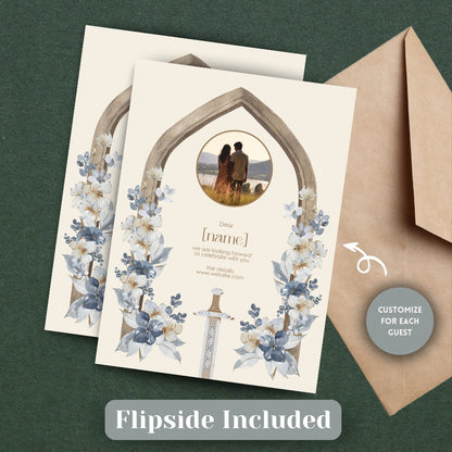 Blue Floral Sword Wooden Arch Wedding Invitation