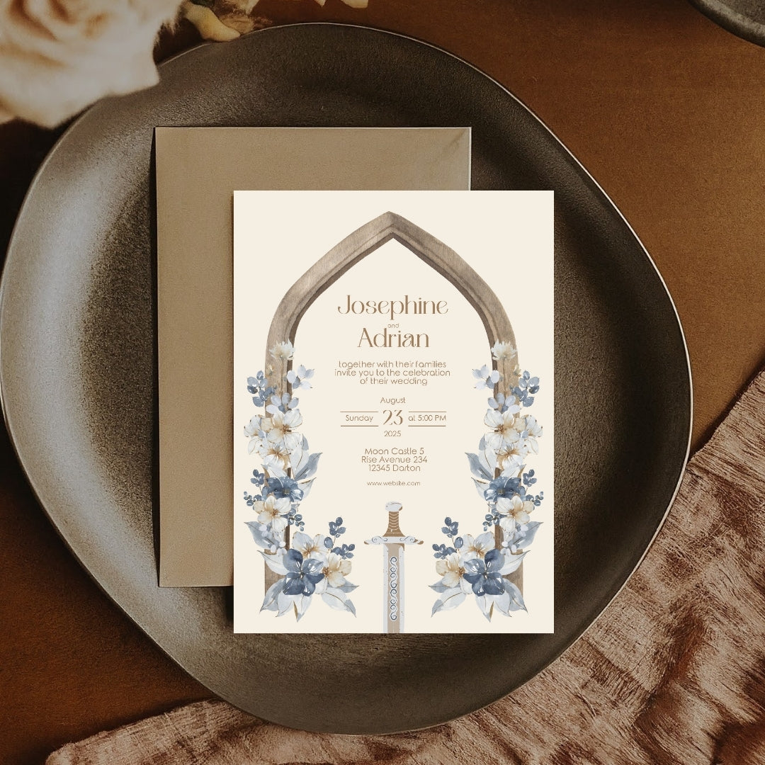 Blue Floral Sword Wooden Arch Wedding Invitation