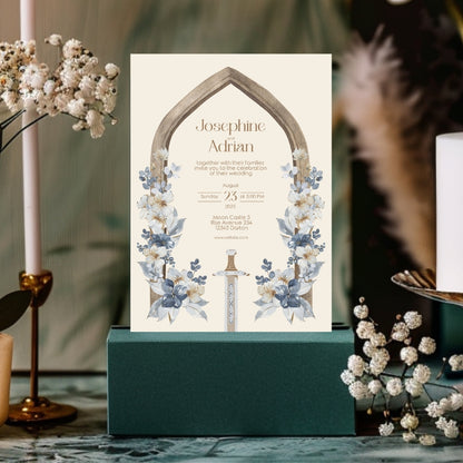 Blue Floral Sword Wooden Arch Wedding Invitation