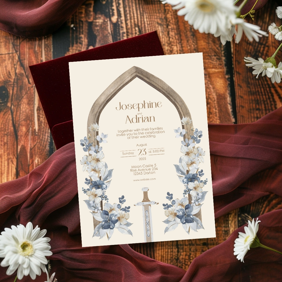 Blue Floral Sword Wooden Arch Wedding Invitation