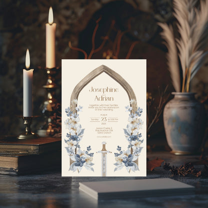 Blue Floral Sword Wooden Arch Wedding Invitation