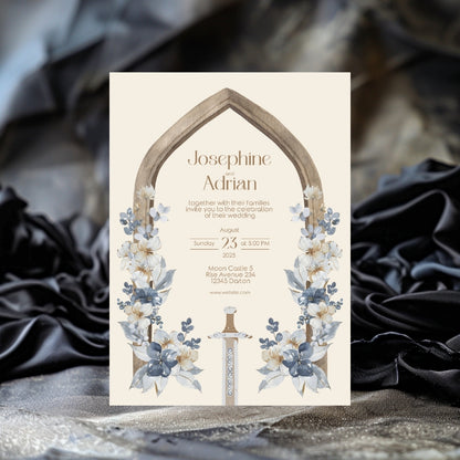 Blue Floral Sword Wooden Arch Wedding Invitation