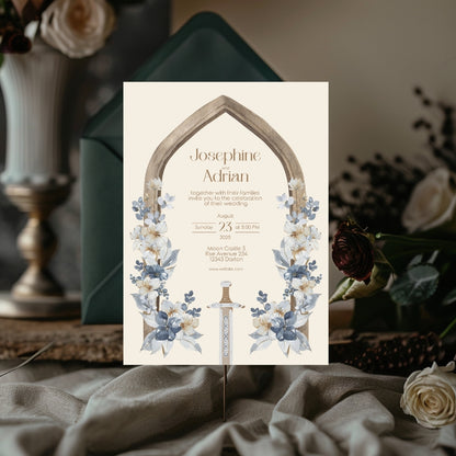 Blue Floral Sword Wooden Arch Wedding Invitation