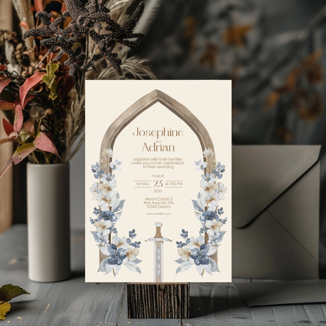 Blue Floral Sword Wooden Arch Wedding Invitation