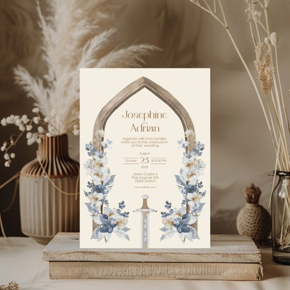 Blue Floral Sword Wooden Arch Wedding Invitation