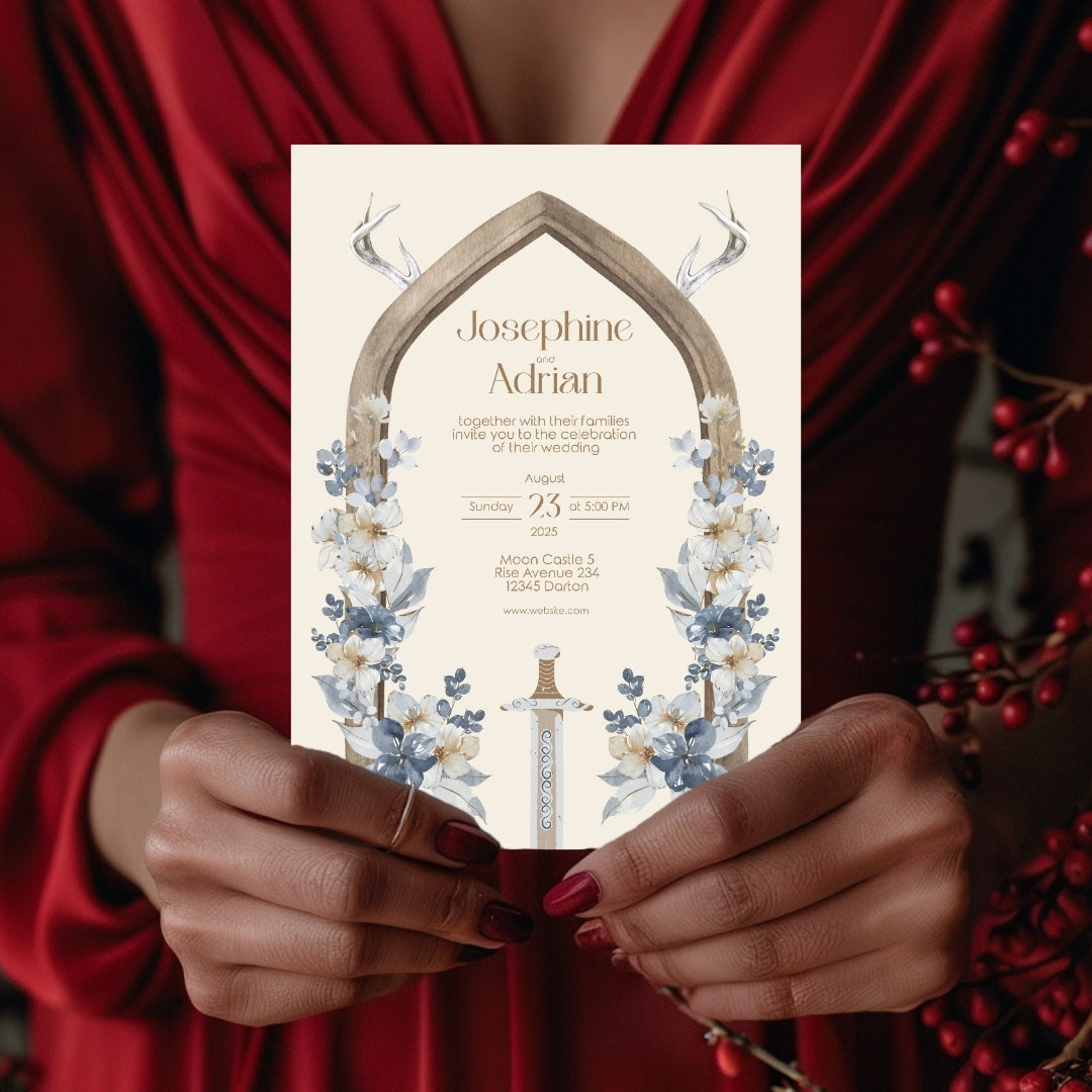 Rustic Antler Arch and Sword Floral Wedding Invitation