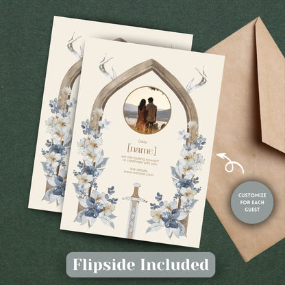 Rustic Antler Arch and Sword Floral Wedding Invitation