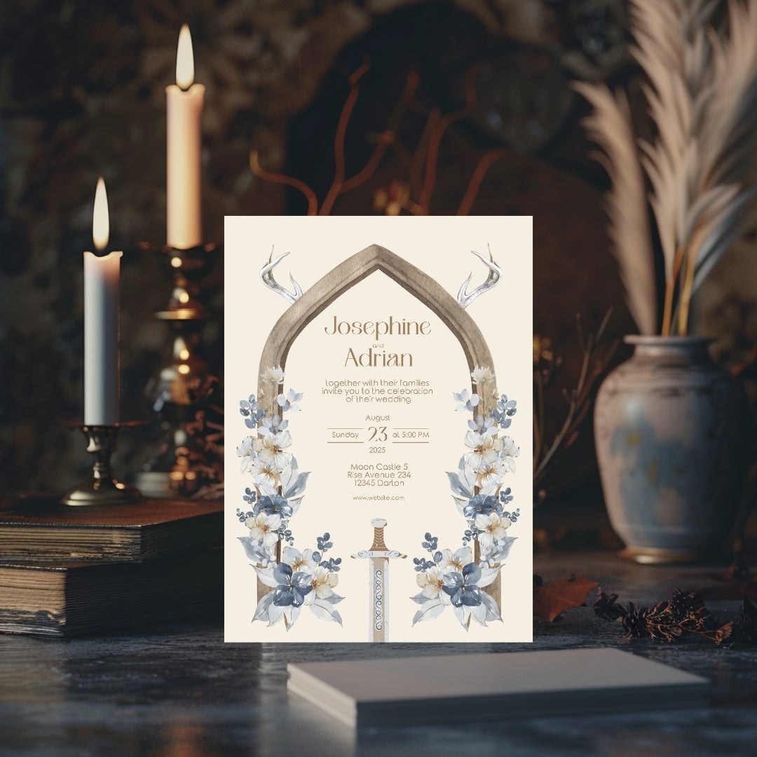 Rustic Antler Arch and Sword Floral Wedding Invitation