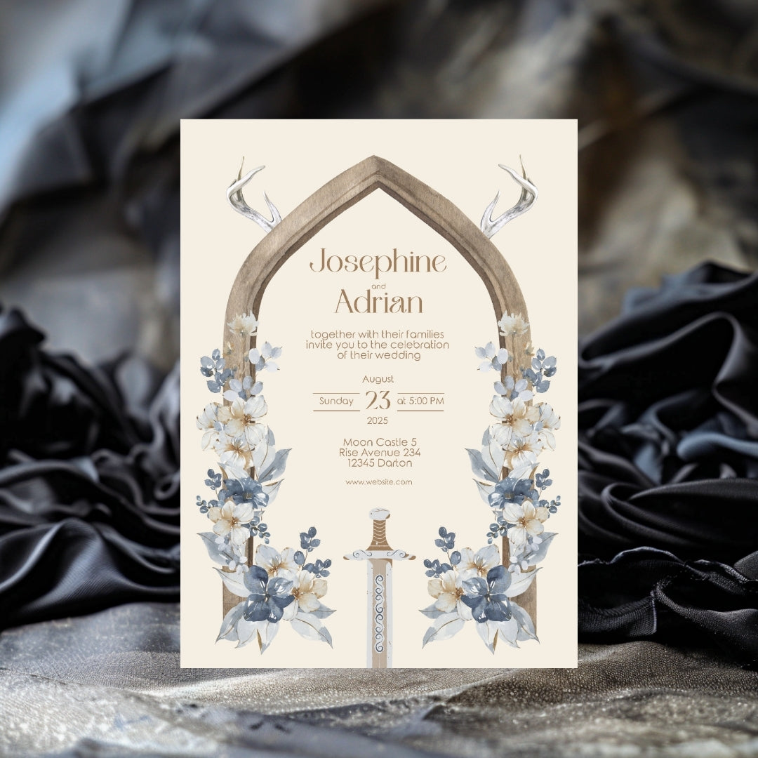 Rustic Antler Arch and Sword Floral Wedding Invitation