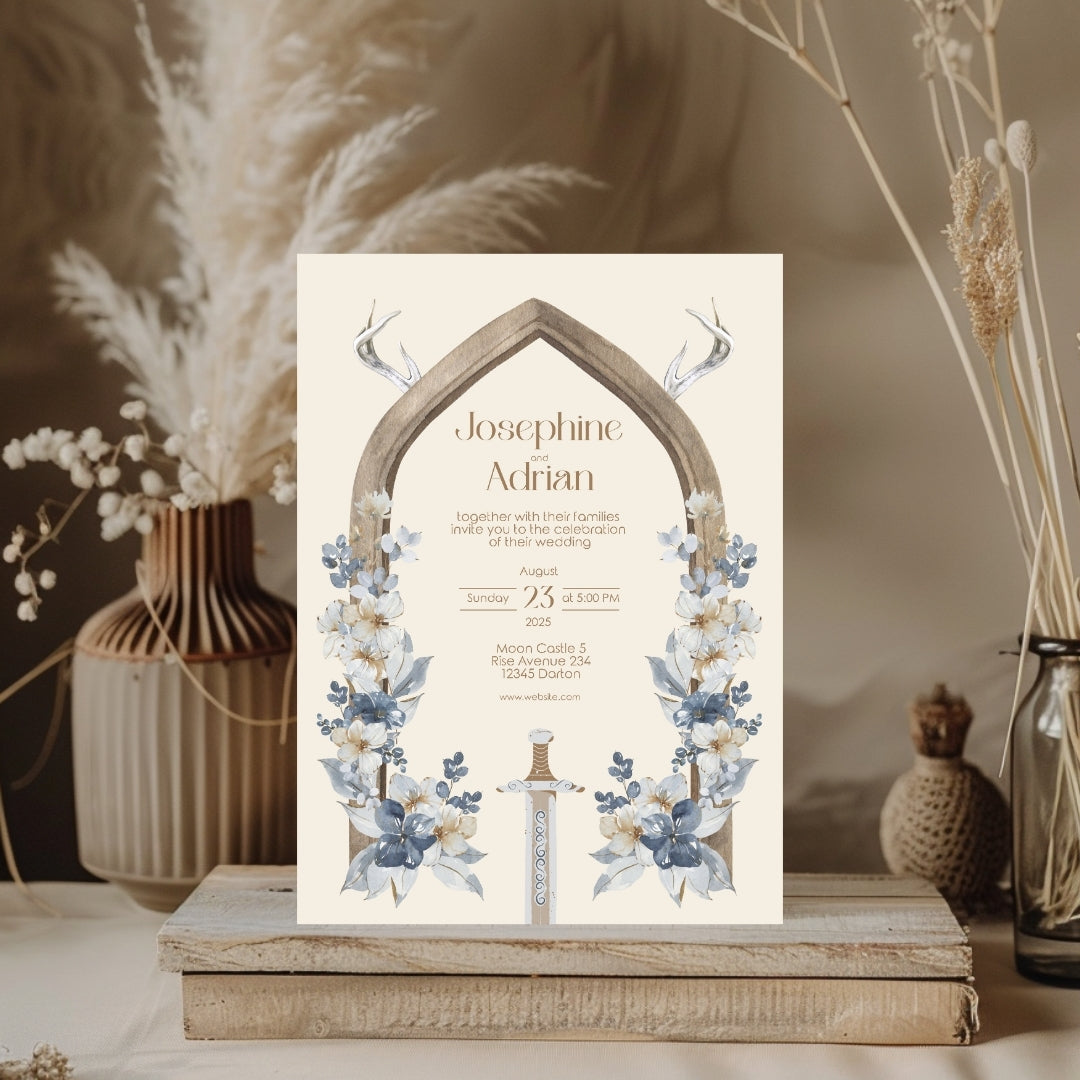 Rustic Antler Arch and Sword Floral Wedding Invitation