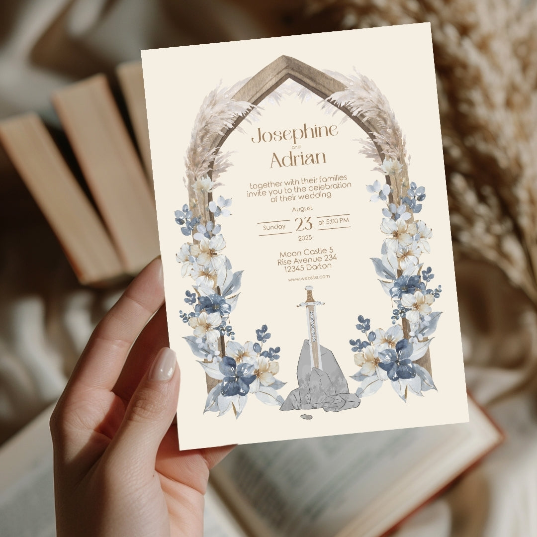 Pampas Grass and Floral Sword Vintage Wedding Invitation