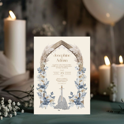 Pampas Grass and Floral Sword Vintage Wedding Invitation