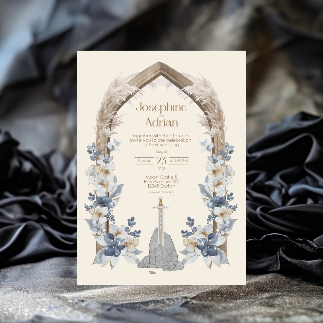 Pampas Grass and Floral Sword Vintage Wedding Invitation