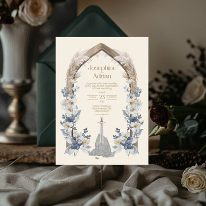 Pampas Grass and Floral Sword Vintage Wedding Invitation