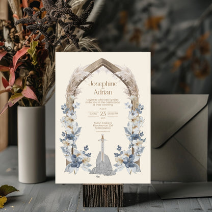 Pampas Grass and Floral Sword Vintage Wedding Invitation