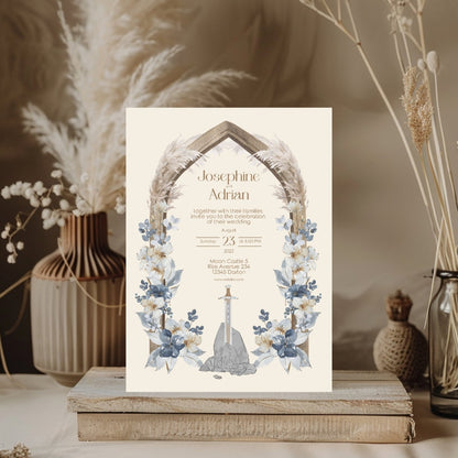 Pampas Grass and Floral Sword Vintage Wedding Invitation