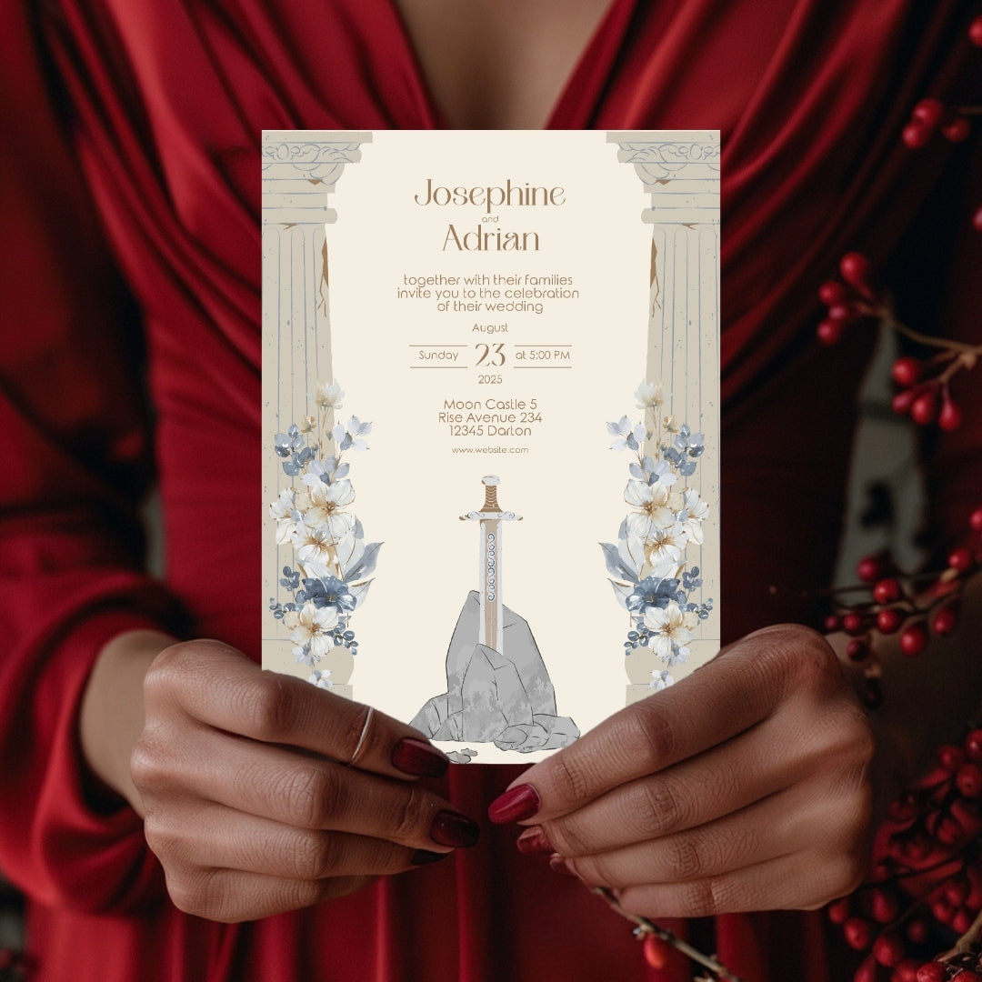 Floral Sword and Rustic Roman Pillar Wedding Invitation