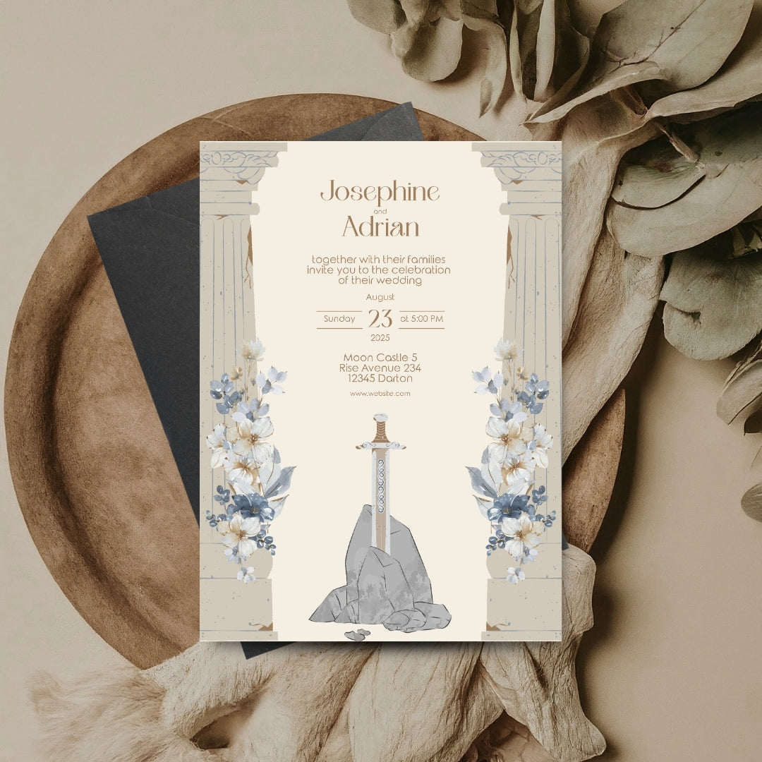 Floral Sword and Rustic Roman Pillar Wedding Invitation