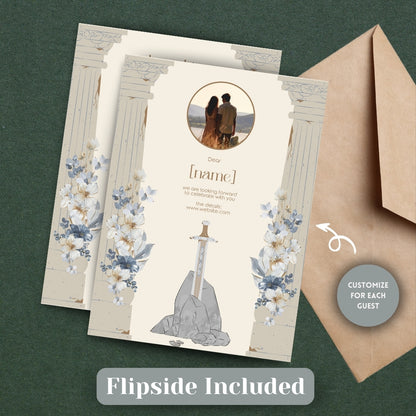 Floral Sword and Rustic Roman Pillar Wedding Invitation