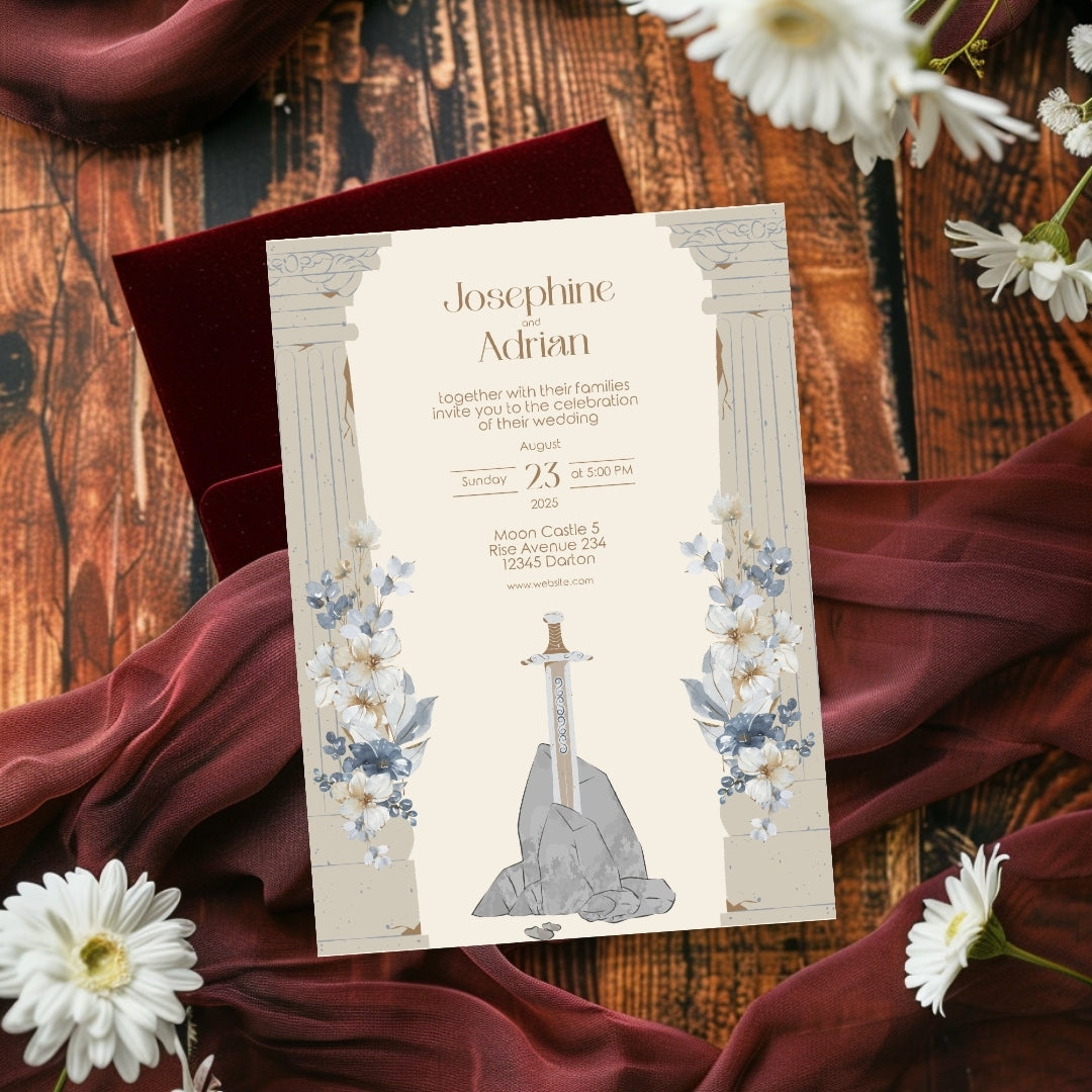 Floral Sword and Rustic Roman Pillar Wedding Invitation