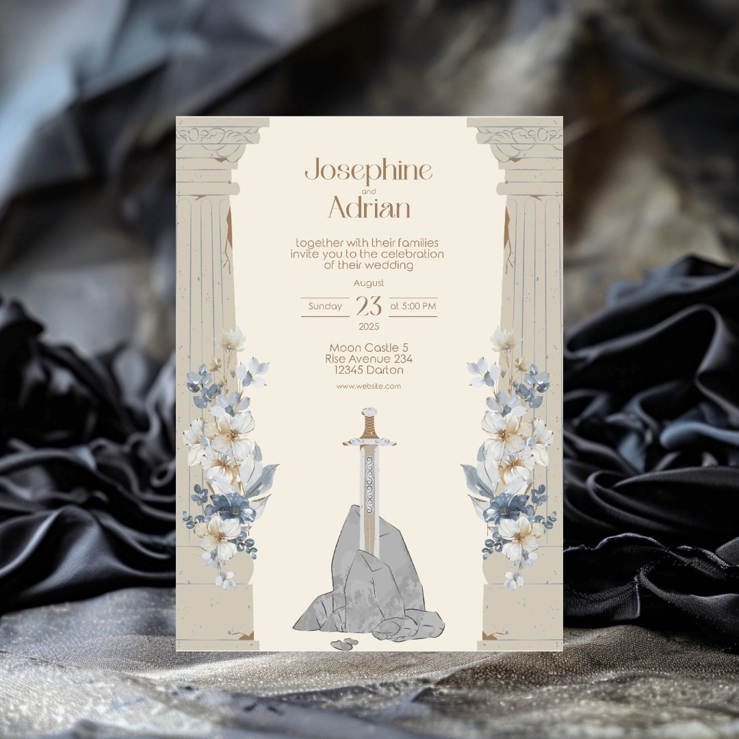 Floral Sword and Rustic Roman Pillar Wedding Invitation