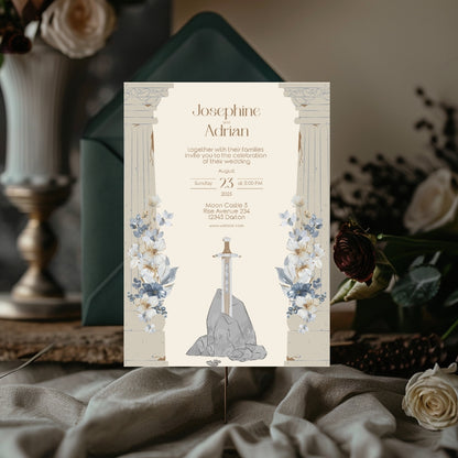 Floral Sword and Rustic Roman Pillar Wedding Invitation