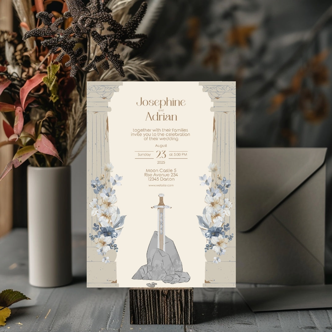 Floral Sword and Rustic Roman Pillar Wedding Invitation